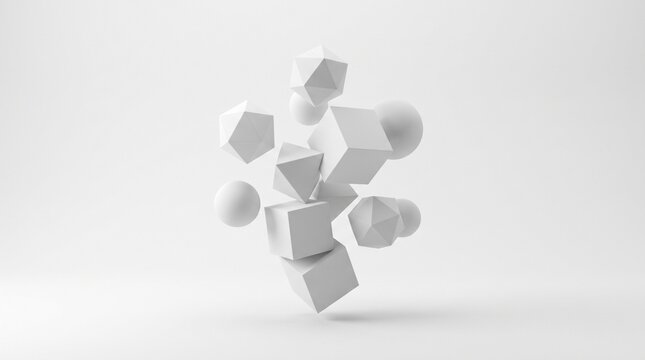 3D rendering of abstract white geometric shapes floating and balancing