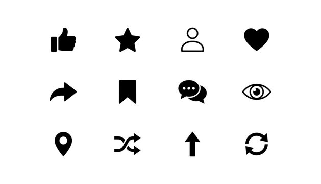 Icons Set on White Background Featuring Thumbs Up, Star, User, Heart, Chat Bubble, and Eye Symbols Featuring Iconset, Signs