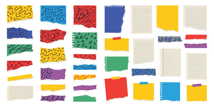 Set of colorful ripped paper sheets and sticky notes with various textures and patterns for creative design
