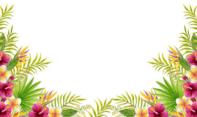 Tropical flowers and greenery frame. Hand drawn watercolor painting with Hibiscus flowers and palm leaves. © Marisha