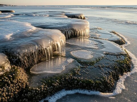 Ice formations on barnacle covered rocks at ocean shore