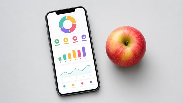 Smartphone displaying nutrition chart app next to fresh red apple on grey background depicting digital health tracking concept