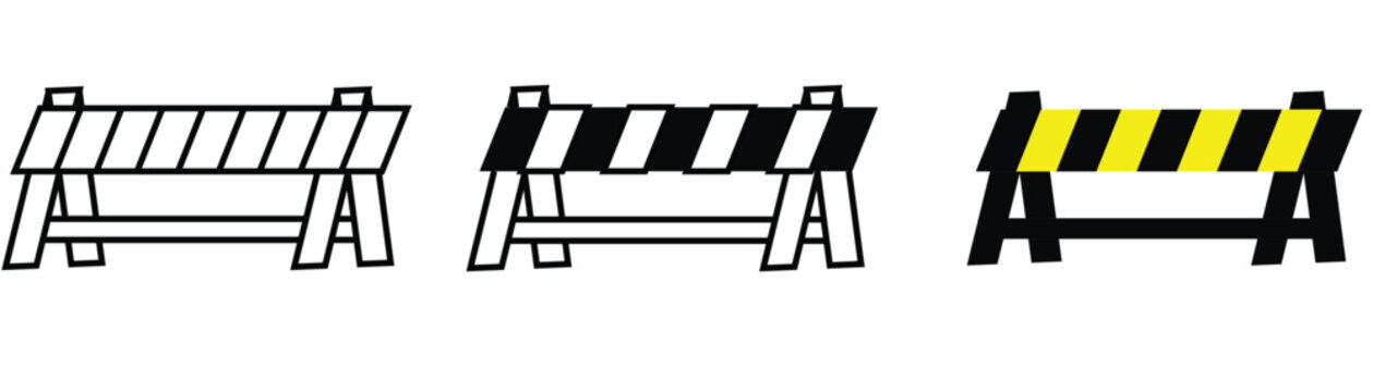 construction barricades in different line styles for design and illustration purposes roadblock signs for warning and diversion, Plain Road Barricade Icons Set. Yellow Black and white vector silhouett