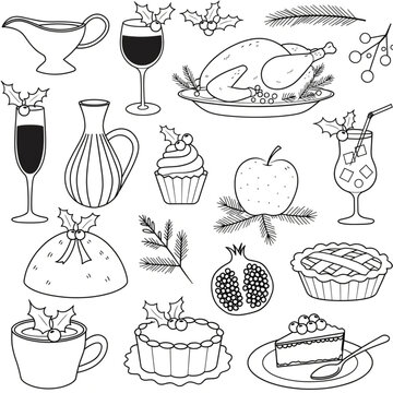 Christmas food and drinks line art icon set with festive dinner editable stroke vector
