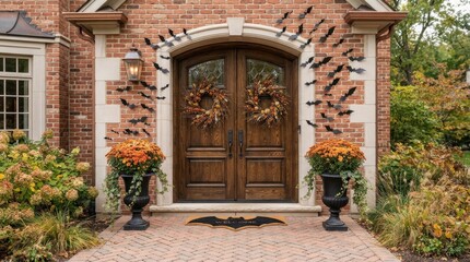 Fototapeta premium Elegant front door decorated with bats for Halloween