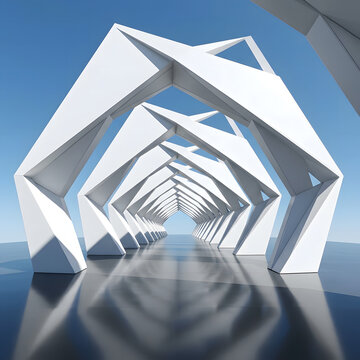 Futuristic white geometric tunnel structures create a long symmetrical corridor leading toward a bright clear blue sky on a reflective surface