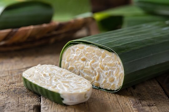 Fresh raw tempeh wrapped in banana leaf sliced on rustic wooden board highlighting traditional fermented soybean food