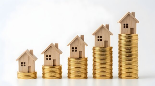 Rising Coin Stacks with Small Wooden Houses Showing Growth in Real Estate Investment