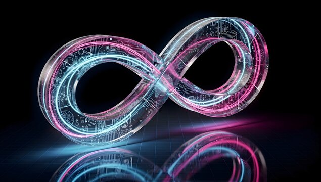 Futuristic infinity symbol with glowing digital light effects, endless innovation concept, advanced technology visualization and limitless artificial intelligence background