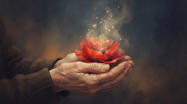 Elderly person holding a red flower with magical sparkles concept of Memorial Day for Victims of Fascism  