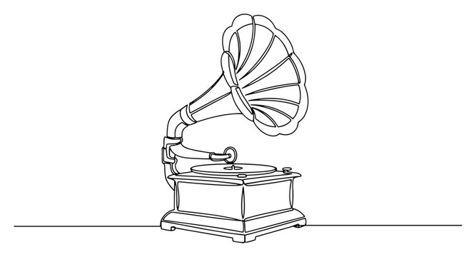 Gramophone vintage record player with large horn in minimalist continuous line art style