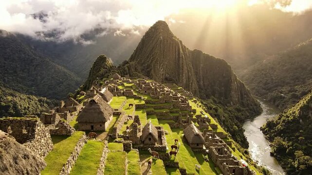 Machu picchu peru with local people in traditional clothing and national flag at sunrise over ancient inca ruins and andes mountains