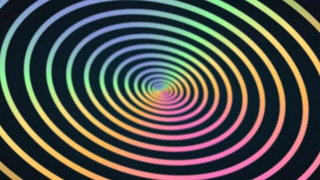 Vibrant pastel rainbow hypnotic spiral optical illusion background with concentric oval rings creating an abstract colorful perspective tunnel.