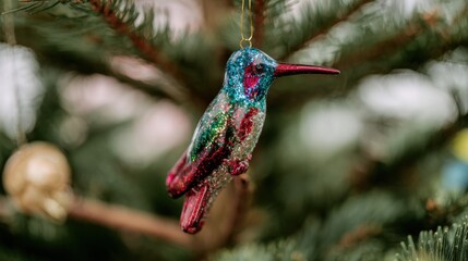 Fototapeta premium Sparkling hummingbird ornament hanging on a green tree branch during the holiday season