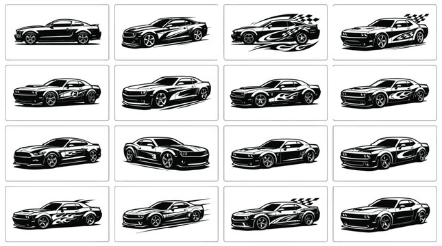 Sixteen black and white car side decals featuring various racing stripes, tribal flames, checkered flags, and speed motion