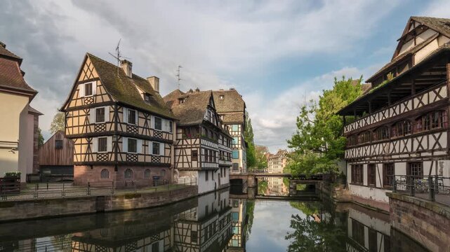 Strasbourg France time lapse city skyline at Ill River with colorful half timber house