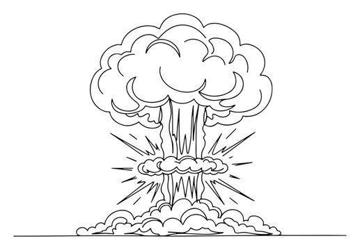 Nuclear explosion mushroom cloud after blast drawn in continuous line art style