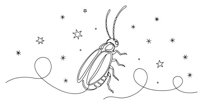 Firefly flying under starry night sky in continuous line art style