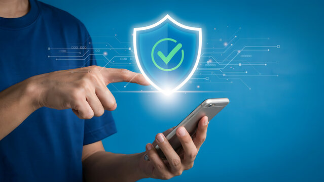 Man using smartphone with cyber security shield icon for data protection and safe mobile internet
