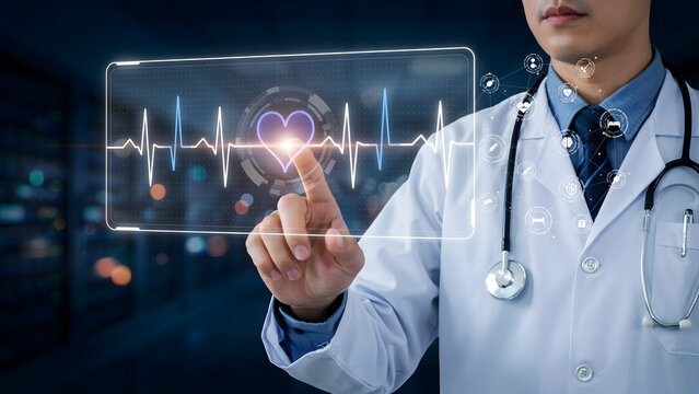 Doctor in white coat and blue shirt analyzing heart health data on a futuristic digital screen