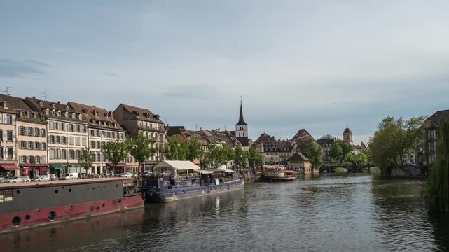 Strasbourg France time lapse city skyline at Ill River with colorful half timber house