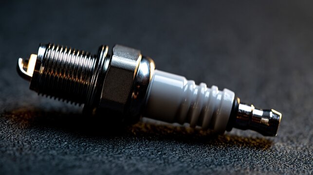 Close-up of a modern automobile spark plug on a dark background