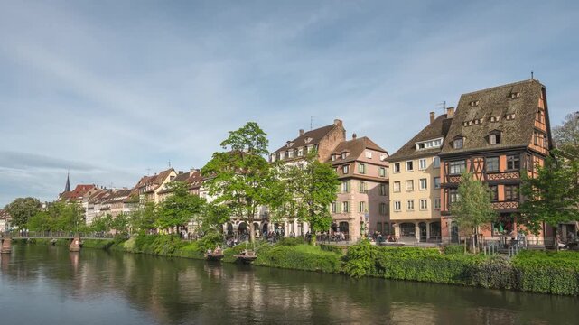 Strasbourg France time lapse city skyline at Ill River with colorful half timber house