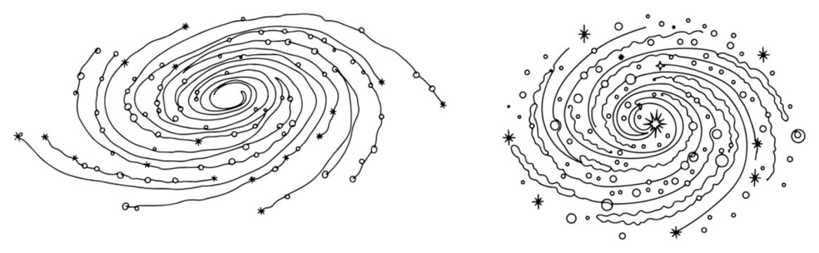 Pair of spiral galaxies with orbiting stars and star clusters drawn in continuous line art style