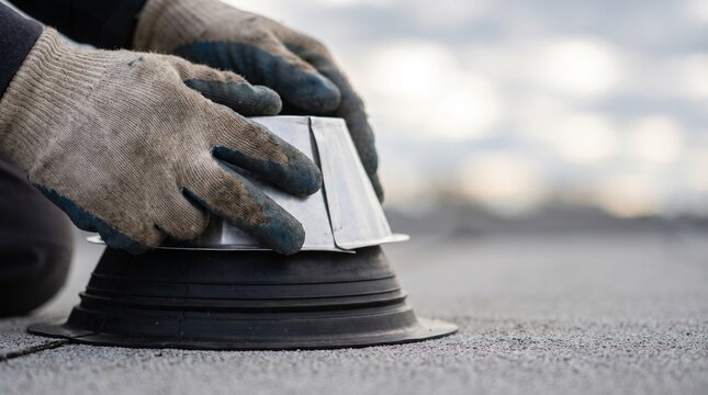 Close-up of a worker's gloved hands installing a new roof vent or flashing on a textured grey roof. Essential for proper ventilation and waterproofing.