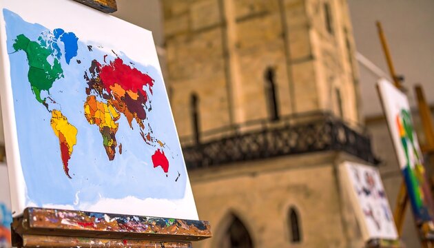 Painted world map displayed in front of a tall stone building