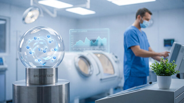 Medical technician monitors a digital data dashboard near a glowing glass sphere containing floating blue particles inside a clinical hyperbaric chamber facility.