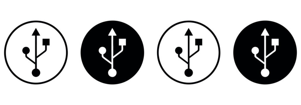 Set of four black and white USB port interface icons isolated on a clean white background design.
