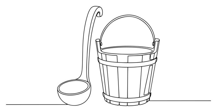 Wooden sauna bucket with water ladle for spa and wellness in minimalist continuous line art style
