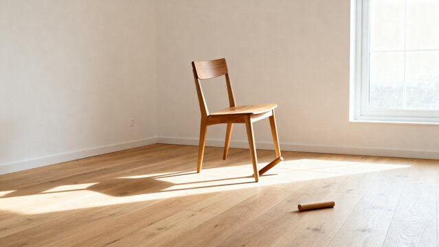 Misaligned wooden chair with crooked leg and unassembled dowel, DIY furniture assembly concept