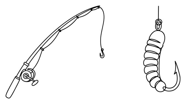 Fishing rod and hook with bait in minimalist continuous line art style
