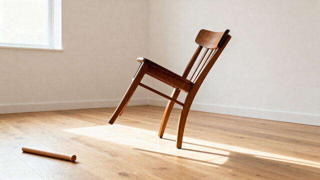 Misaligned wooden chair with crooked leg and unassembled dowel, DIY furniture assembly concept