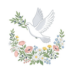 Fototapeta premium White Dove Carrying Olive Branch Over Floral Wreath Symbolizing Peace and Hope