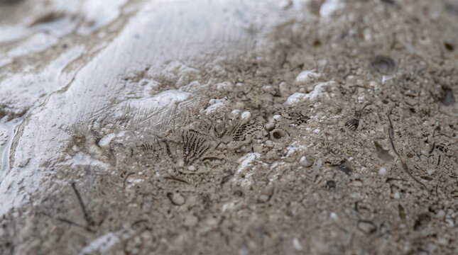 Close up of wet rough fossilized limestone surface showing embedded marine shell details