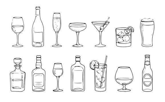 Alcoholic drink bottles and glass line art vector icon set isolated