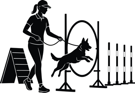 Woman training dog through agility hoop during outdoor competition Vector Silhouette isolated on white background