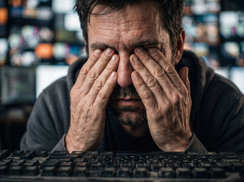 Overworked man rubbing tired eyes sitting at computer keyboard in dark office