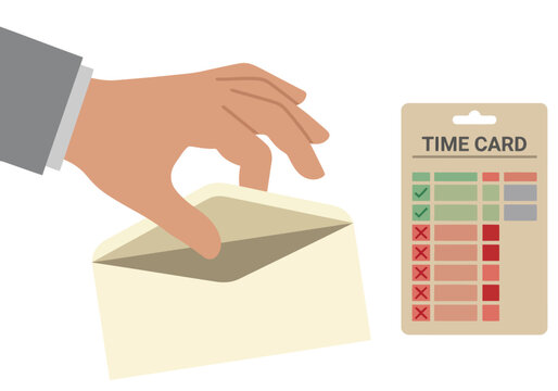A hand presents a time card and paycheck, illustrating wage theft. The image uses a bright, illustrative style to convey a concept of labor exploitation. Clear composition and bold colors.