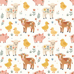 Fototapeta premium Farm Animal Friends: A whimsical and charming collection of farm animals, including sheep, pigs, cows, and ducklings, set amidst a delightful pattern of wildflowers and hearts.