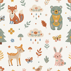 Naklejka premium Woodland Wonder: A whimsical and charming seamless pattern featuring adorable forest animals, including a fox, bear, deer, and rabbit, surrounded by whimsical clouds, flowers, mushrooms, and trees.