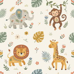 Obraz premium Jungle Friends Pattern: A whimsical and charming pattern featuring adorable cartoon illustrations of an elephant, monkey, lion, and giraffe amidst lush foliage and playful flowers.