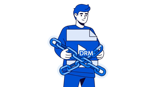 Digital Rights Management DRM Protection Concept Vector Illustration with Man Holding Secured Media File