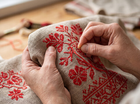 Hands stitching traditional red cross stitch embroidery pattern on linen cloth
