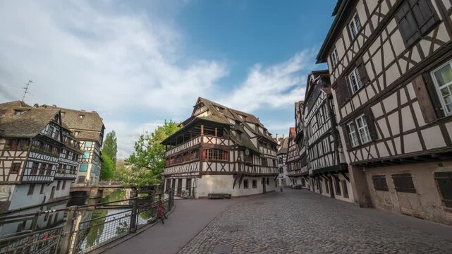 Strasbourg France time lapse city skyline at Ill River with colorful half timber house