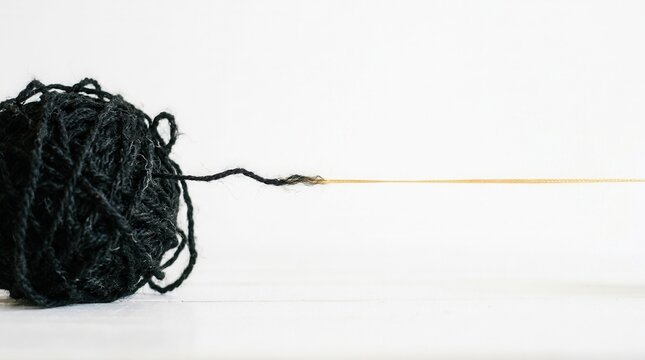 A single strand of black yarn unraveling from a dark ball of wool on a white background.