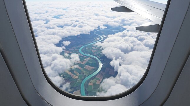Aerial View of a Winding River Through Clouds Seen From an Airplane Window During Travel